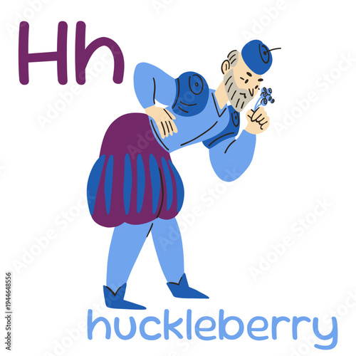 An old man with gray hair in a Huckleberry costume, a flashcard with the letter H, a collection of fruit and berry costumes