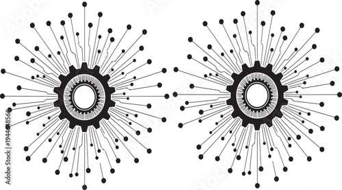 Gear mechanism innovation technology concept with radiating network lines and dots on white background
