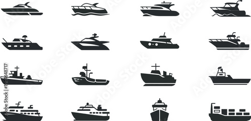 A collection of 16 minimalist line art icons representing various types of watercraft, including yachts and ships