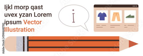 Online learning, writing tools, creative design, communication, digital shopping, content creation. A pencil, browser window and speech bubble displayed together. Online learning and writing tools