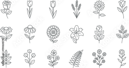 A collection of charming black outline floral icons depicting various botanicals including roses tulips daisies sunflowers and decorative foliage elements