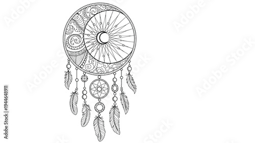 Detailed dreamcatcher design in black and white line art featuring a crescent moon sun symbols and decorative feathers for coloring.