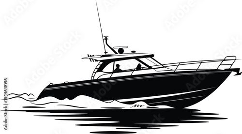A striking black and white illustration of a powerful speed boat, dynamically cutting through the water and leaving an energetic wake behind. A sleek vector graphic