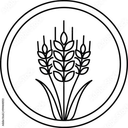 Minimalist black line art icon featuring three stalks of wheat grain enclosed within a simple circular frame on off-white background