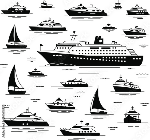 Striking graphic illustration showcasing a diverse collection of maritime vessels. Features various boats, ships, and yachts, all in clean black and white line art