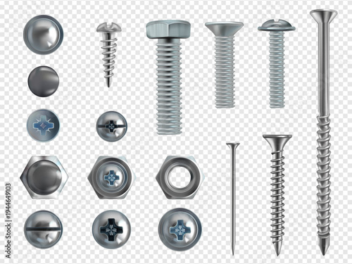 Screw and bolt collection in silver finish - metal fasteners with hexagon heads from top and side views. Realistic 3D vector icons of nuts and nails, rivets and washers for technical design projects.