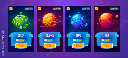 Space game UI screens set with cosmic backgrounds and alien planets. Mobile arcade interface with cartoon galaxy elements, futuristic buttons and platform designs for videogame adventure levels.