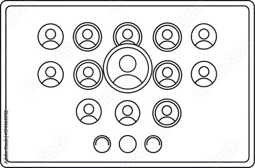Abstract line art depicting a centralized network of user profile icons on a digital screen, symbolizing interconnected individuals within a team, social circle, or professional organization.