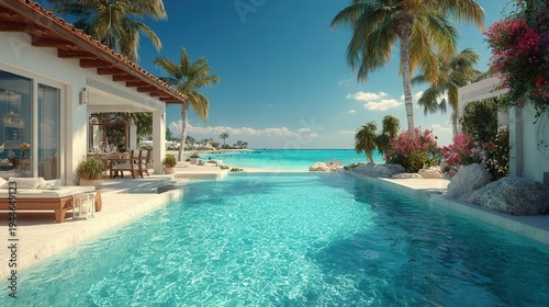 Luxury tropical villa by the pool with palm trees on a sunny summer day 