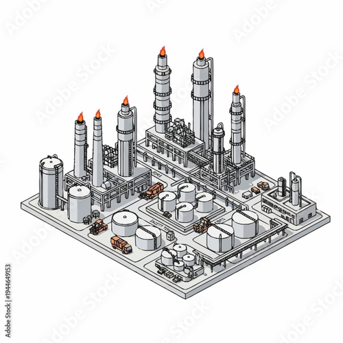 Isometric view of a detailed industrial oil refinery complex.