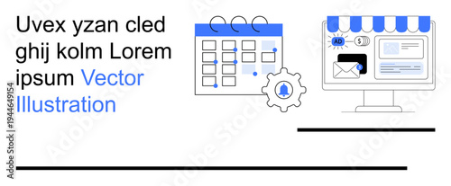 Time management, online retail, scheduling, e-commerce operations, digital automation, appointment booking. A calendar, gear icon storefront and email imagery. Scheduling and e-commerce concepts