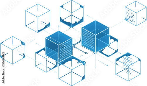 Abstract digital network visualization featuring glowing blue interconnected cubes representing decentralized data storage and blockchain technology concepts.