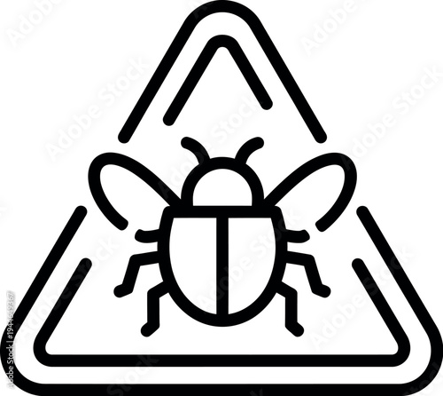 Simple black line art icon depicting a warning sign with an insect inside a triangular danger symbol