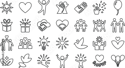 Set of 30 Outline Happiness and Friendship Vector Icons for Positive Emotions, Celebration, and Community Engagement