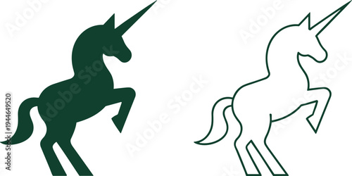 Unicorn silhouette illustration, mythical horse icon, fantasy animal graphic, magical creature design, rearing unicorn art, legendary symbol logo, mystical equine element