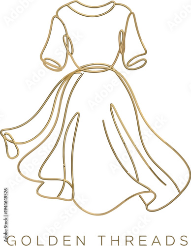 Elegant golden wire art depiction of a flowing feminine dress design symbolizing luxury fashion and bespoke tailoring craftsmanship