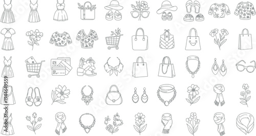 Collection of outline icons representing various feminine fashion accessories and apparel items suitable for shopping themes