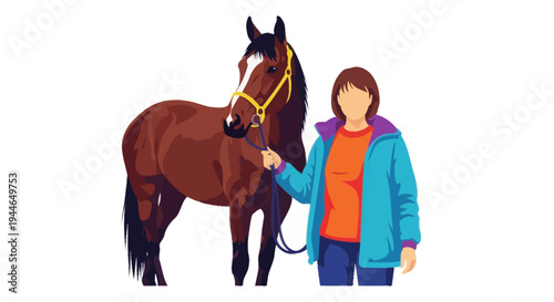 Woman Holding a Brown Horse on a Leash