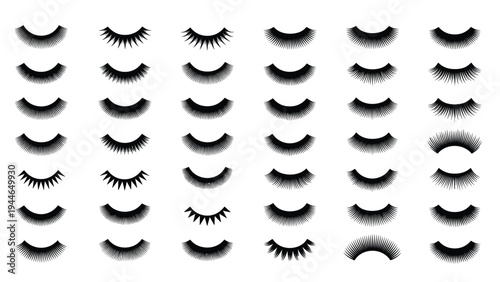 Comprehensive collection of various false eyelash styles and designs in black ink for makeup and professional beauty industry concepts.