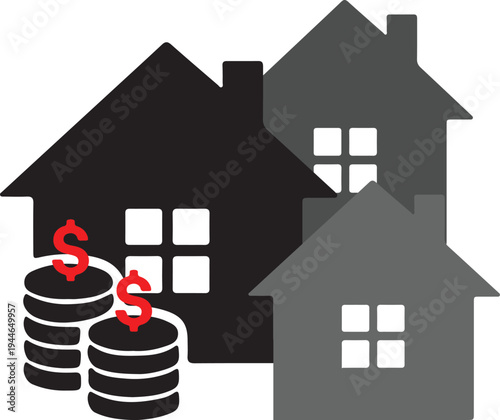 Property Investment concept: Concept art symbolizing financial growth in the real estate market, with home illustrations and coin stacks representing the valuation.