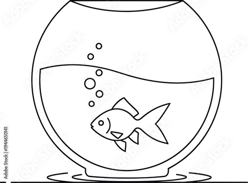 Simple line art illustration of a lone goldfish swimming gently within a transparent, classic round glass fishbowl containing clear water and subtle air bubbles.
