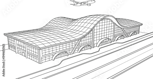 Modern airport terminal architectural perspective study featuring a wave like grid roof structure and glass facade in technical line art.