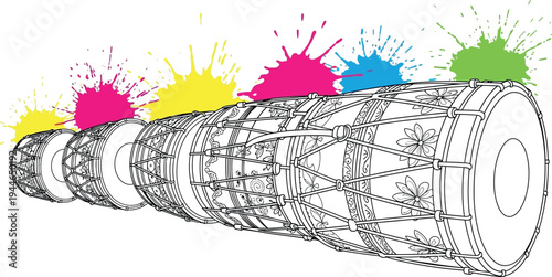 Decorative outline of several traditional Indian dholak drums illustrated against vibrant splashes of Holi festival colors