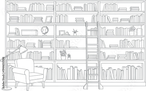 Detailed black and white line art illustration of a massive home library filled with books, featuring a comfortable armchair and sliding ladder.