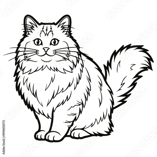 A black and white illustration of a fluffy cat sitting on a plain background
