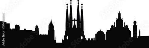 Barcelona skyline silhouette featuring Sagrada Familia landmark, famous Spain architecture cityscape, travel destination vector illustration, urban tourism background design
