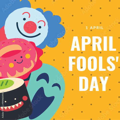April fools day 2026 with yellow dotted background and with joker donut and sushi faces