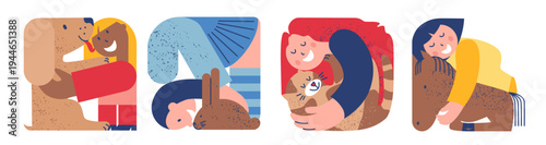 Scenes with pet owners. People with horse, cat, dog, bunny. Set of cute man and woman spending time with their domestic animals. Simple geometric sketch flat cartoon vector illustration