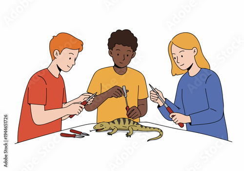 Group of diverse students engaging in a hands-on science project, using small tools to examine a lizard specimen illustration.