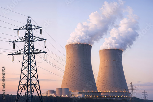 Large nuclear power station with cooling towers releasing steam beside transmission lines representing industrial electricity generation