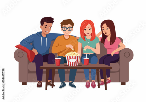 Casual gathering of diverse young friends relaxing on a couch, enjoying popcorn and drinks while watching TV at home.