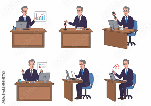Senior professional man illustration set: business, presentation, news reporting, and communication activities at an office desk or podium.