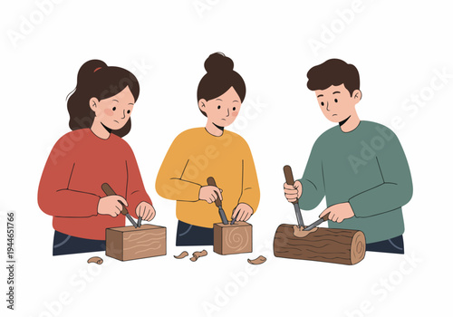 Collaborative Wood Carving Workshop: Three Enthusiasts Engaged in Traditional Craftsmanship with Chisels