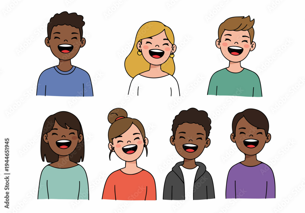 Fototapeta premium Set of diverse, joyful cartoon avatars depicting young people laughing happily with wide smiles against a white background.
