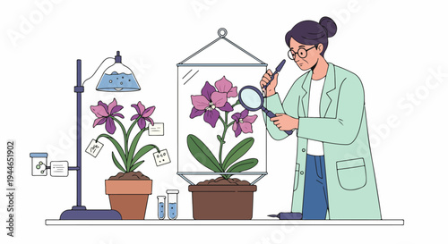 Female scientist analyzing plant samples and flower growth in a biotechnology laboratory using a magnifying glass.