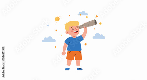 Happy Boy Exploring the Sky with a Telescope, Vector Illustration of Childhood Curiosity and Astronomy.