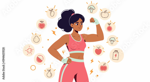 Strong Athletic Woman Flexing Bicep, Representing Fitness, Healthy Nutrition, and a Vibrant Lifestyle with Food Icons