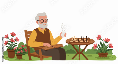Happy senior man enjoying coffee and chess in his sunny garden, illustrating leisure, retirement, and peaceful outdoor activity.