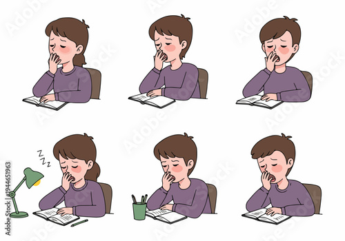 Cartoon set of young students struggling with exhaustion, yawning while reading a book, representing sleep deprivation and burnout from studying.