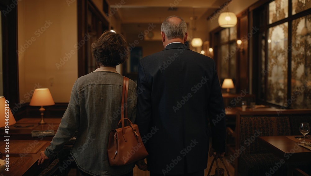 Fototapeta premium Walking couple moving down dining aisle in casual jacket and suit, carrying brown bag, briefcase