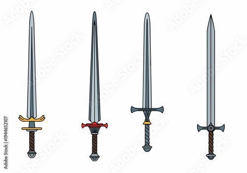 Vector set of four fantasy medieval swords with various colored guards and detailed grips, isolated on a white background.