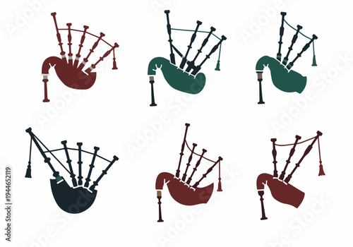 Vector set of stylized bagpipe musical instrument icons in different colors, representing Scottish or Celtic culture on a white background.
