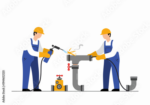 Professional welders joining pipes using a torch, representing industrial construction and maintenance work.