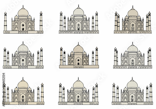 Set of Nine Minimalist Icon Illustrations of the Taj Mahal, India, Featuring Simple Line Art and Subtle Color Variations on White.