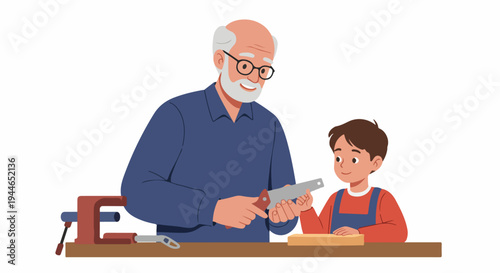 Grandfather teaching grandson carpentry skills, demonstrating how to use a handsaw at the workbench.