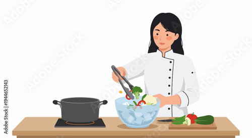 Professional female chef preparing vegetables in a cooling ice bath during food preparation.